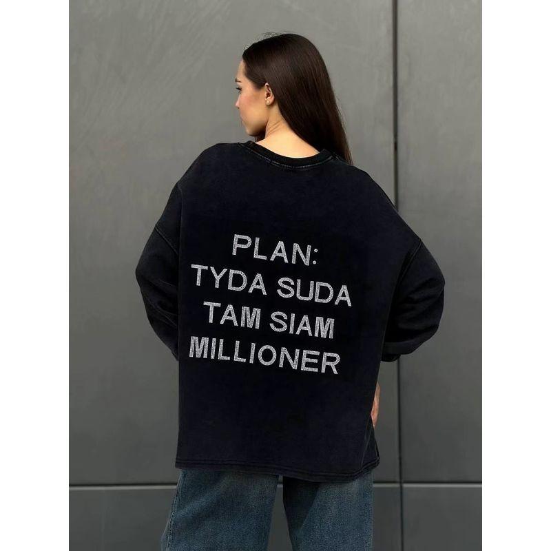 

Fashion Fashion Loose Diamond Letters Crew Neck Sweatshirt Diamond Studded Letter Loose Top Washed Black M