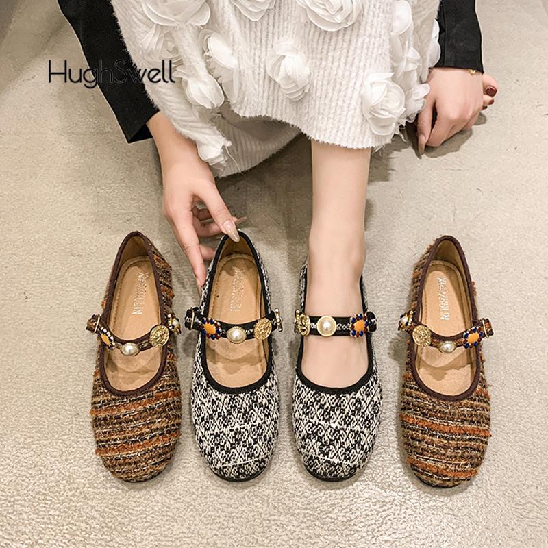 Fashion Ethnic Tweed Knitted Ballet Flats Woman Individual Beads Buckle Ballerina Shoes Ladies Jacquard Design Fluffy Mary Jane Zapatos
