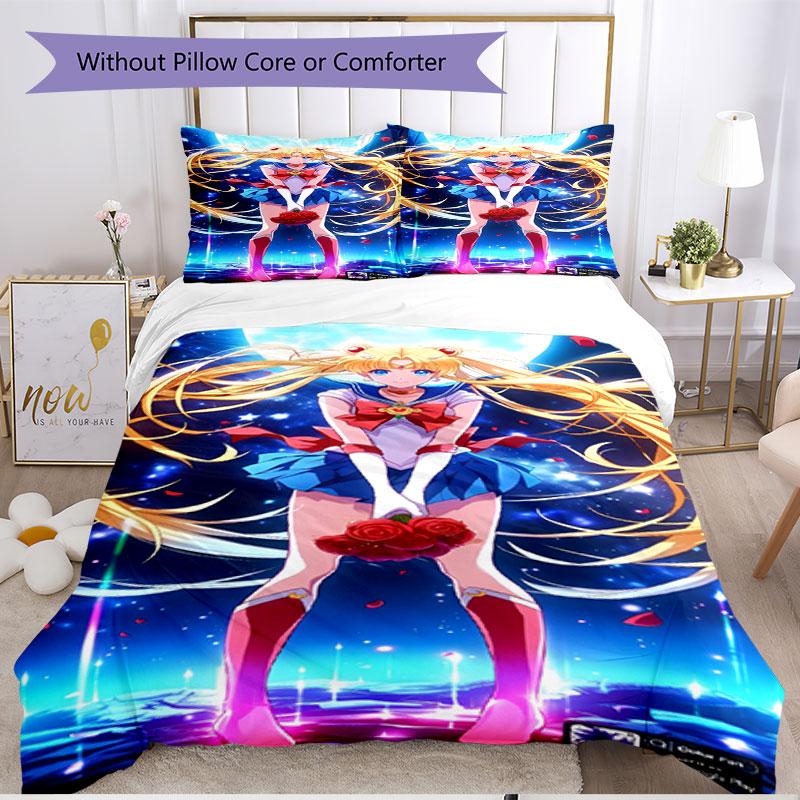 3-teiliges Bettbezug-Set (1 * Bettbezug + 2 * Kissenbezug, ohne Kern), Sailor Moon Druck Weiches Ganzjahres-Bettwäscheset, Heim-Schlafzimmer-Dekoration Geschenk
