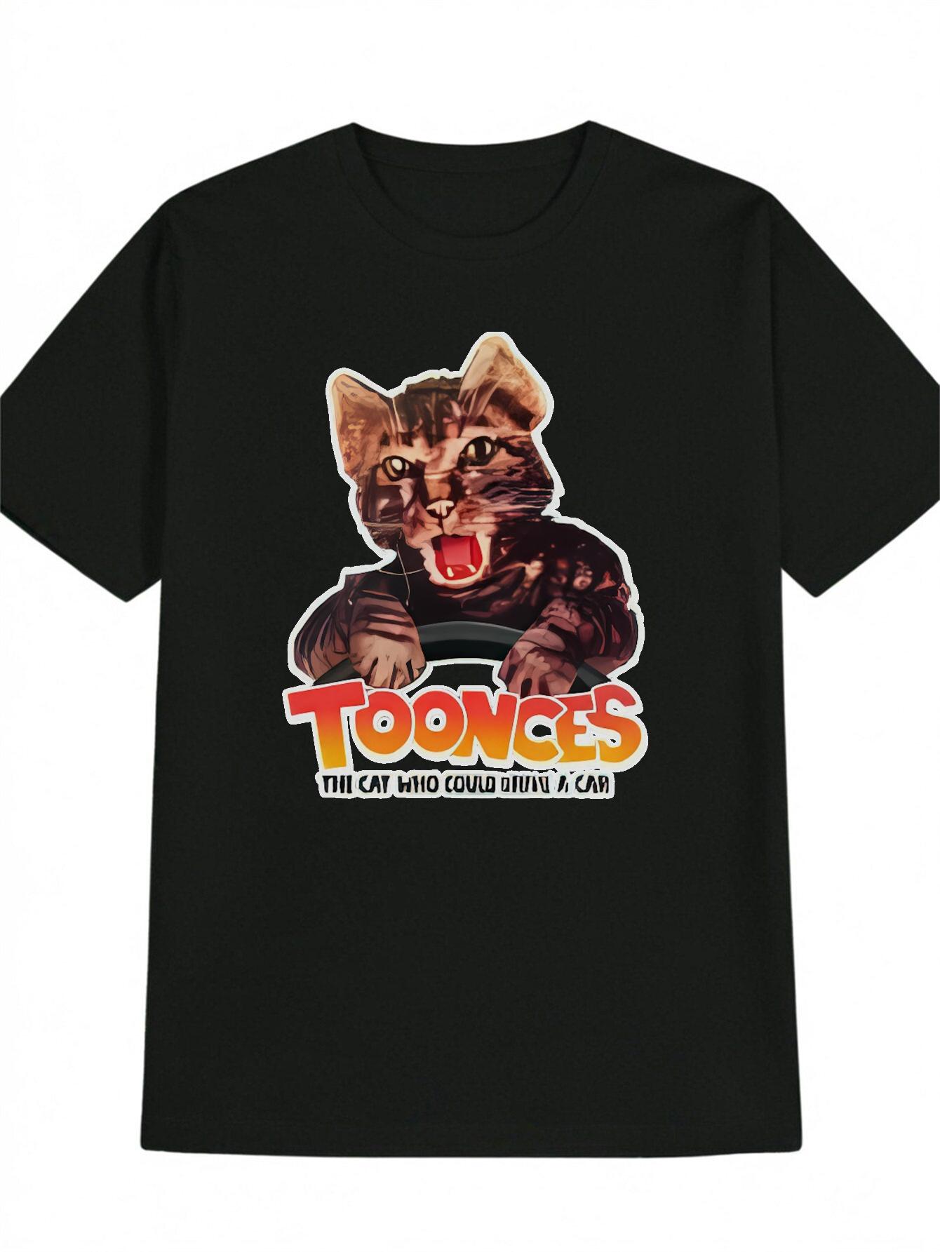 Casual Crew Neck T-shirt with TOONCES Graphic - Playful Cat Design M
