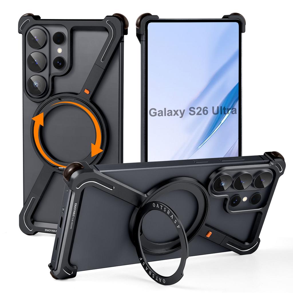 Oatsbasf pro Samsung Galaxy S26 Ultra Bezrámový kovový nárazník Z pouzdro Pouzdro na telefon s 360° otočným stojánkem Magnetický nárazuvzdorný kryt