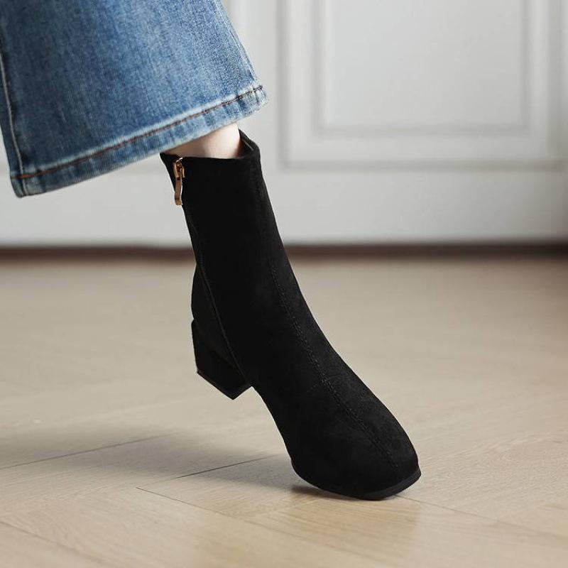 Autumn and Winter Side Zipper Medium Heel Large Size Women's Boots Solid Color Square Heel Round Head Suede Fashion Boots New Medium Boots Women