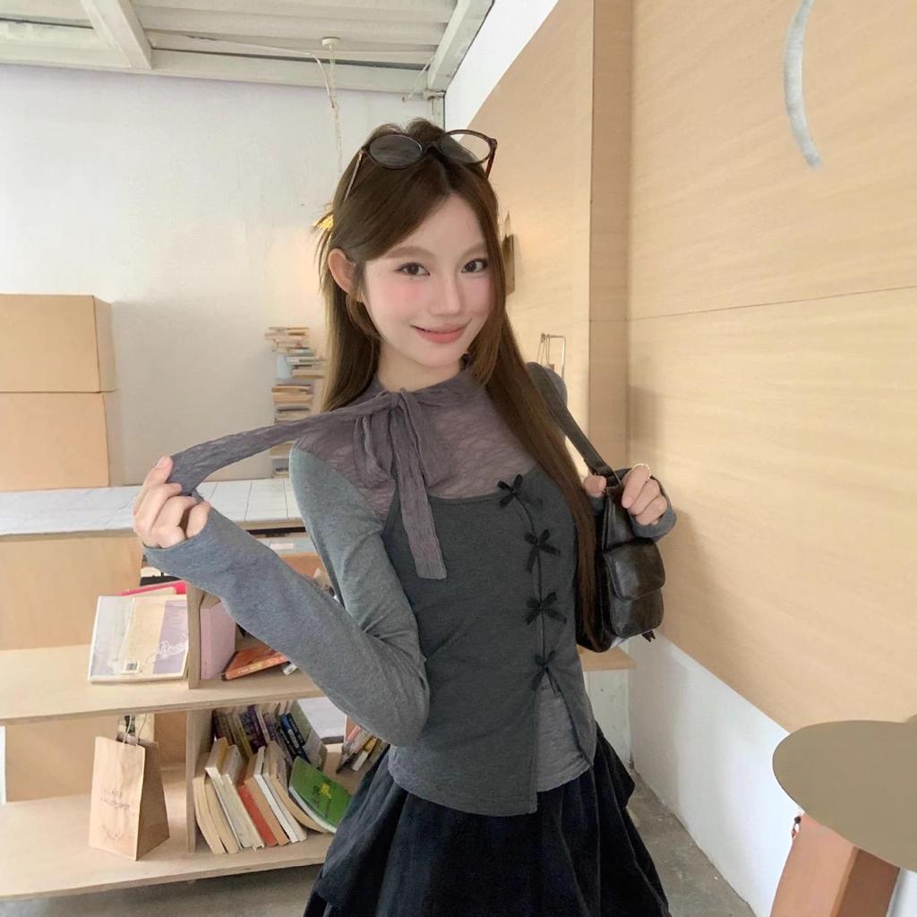 Women's Slim-Fit Gray Long-Sleeve Base Layer T-Shirt - Stylish Two-Piece Set for Early Autumn 2025