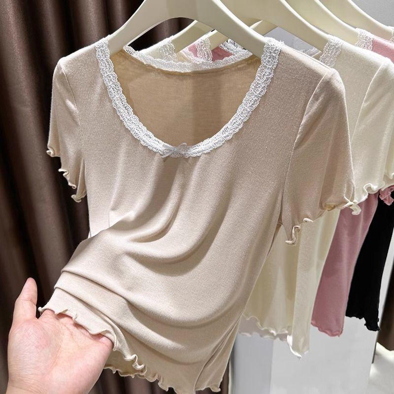 

Женская модальная футболка с коротким рукавом, низким вырезом и кружевом, больших размеров, лето 2025 XL, suitable for 120-140 jin