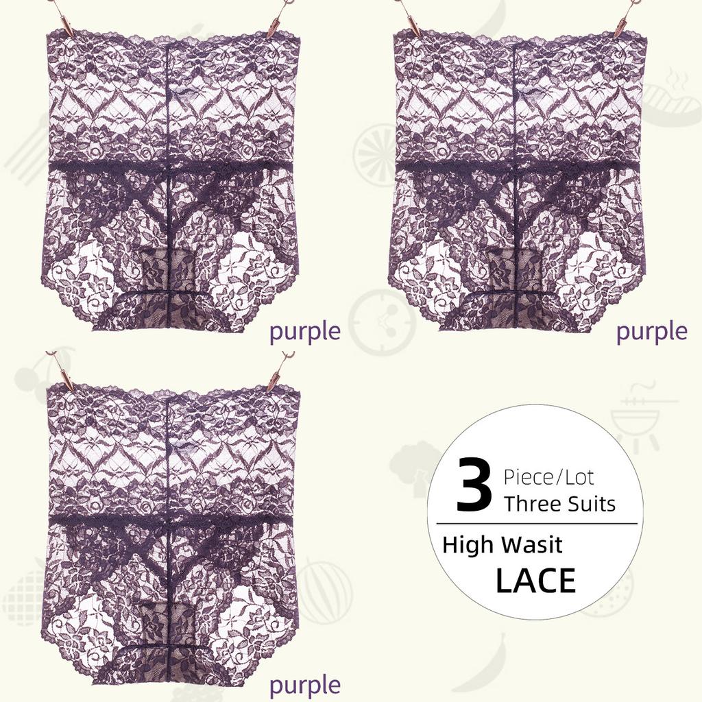 3Pieces/Lot High Waist Light Sexy Elastic Lace Women's Panties, Pure Cotton Crotch Comfortable Non-marking Breathable Lightweight Underwear Briefs