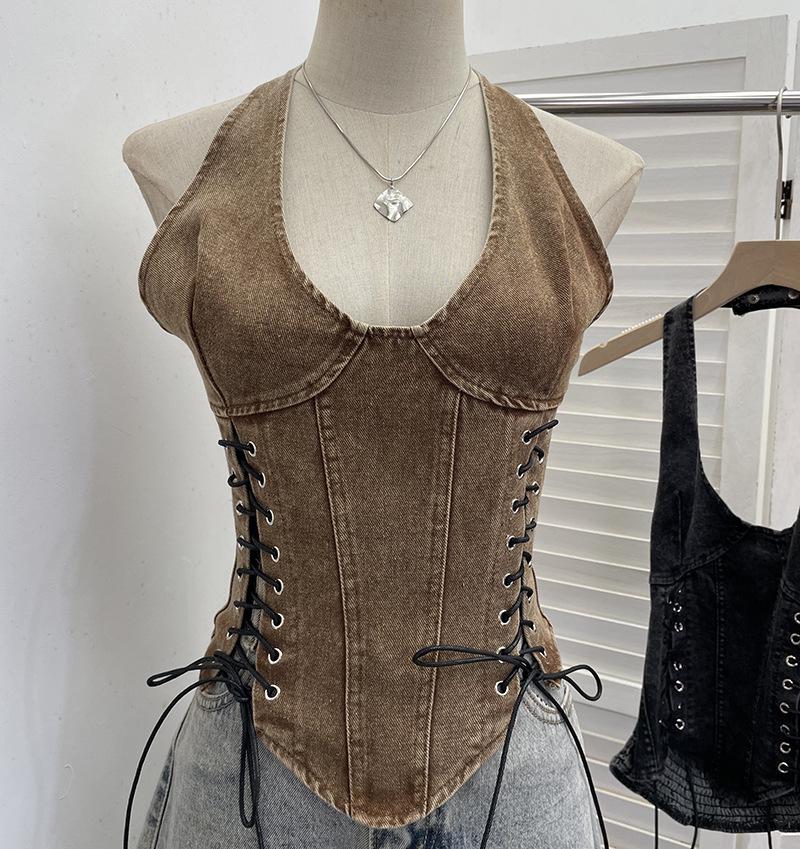 Denim Halter Crop Top: Punk Lace-up Sleeveless Slim Fit