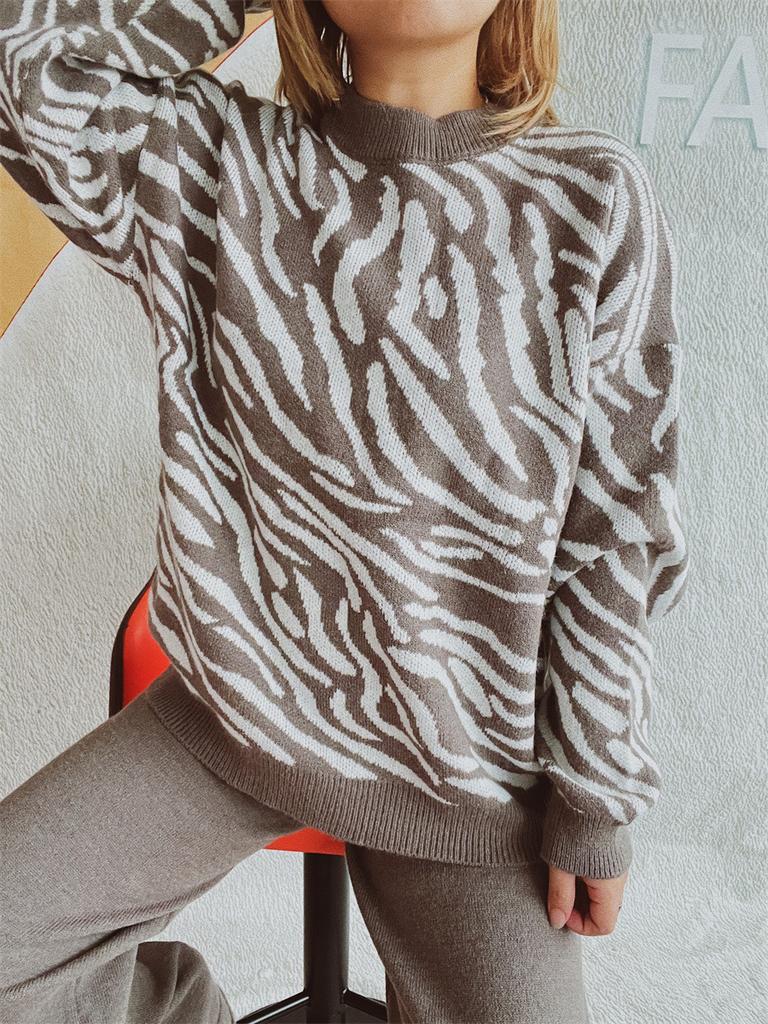 Women's new autumn and winter commuting knitted zebra print contrasting pullover sweater KTB