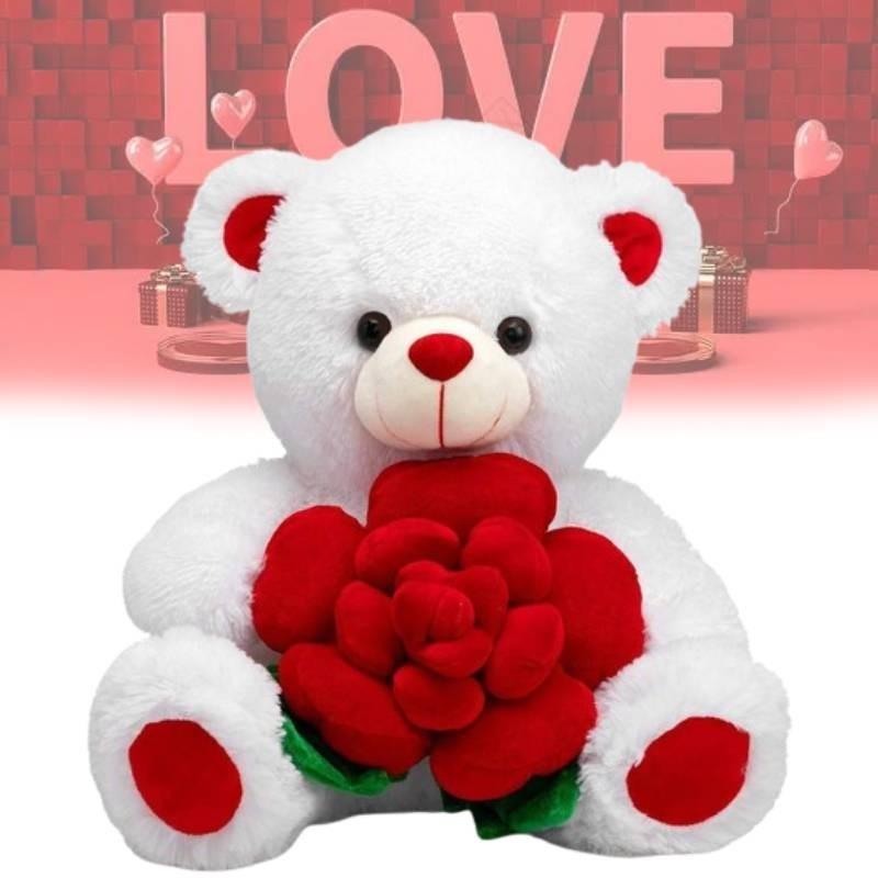 Adorable Plush Rose Bear Pp Cotton Filled White 30cm Perfect For Valentine's Day
