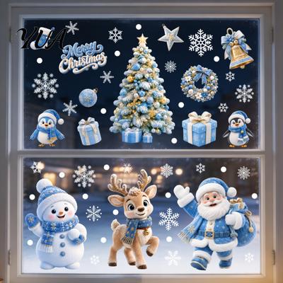 Reusable Static Clings 4Pcs Christmas Window Clings, Blue Santa Snowman Reindeer Penguin Party Ornaments Stickers, Double Sided Xmas Holiday