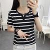 Harajuku Women Summer White T-shirt Girl Casual Slim Stripe Short Sleeve V Neck All-match T Shirts Y2k Tops For Female Clothing