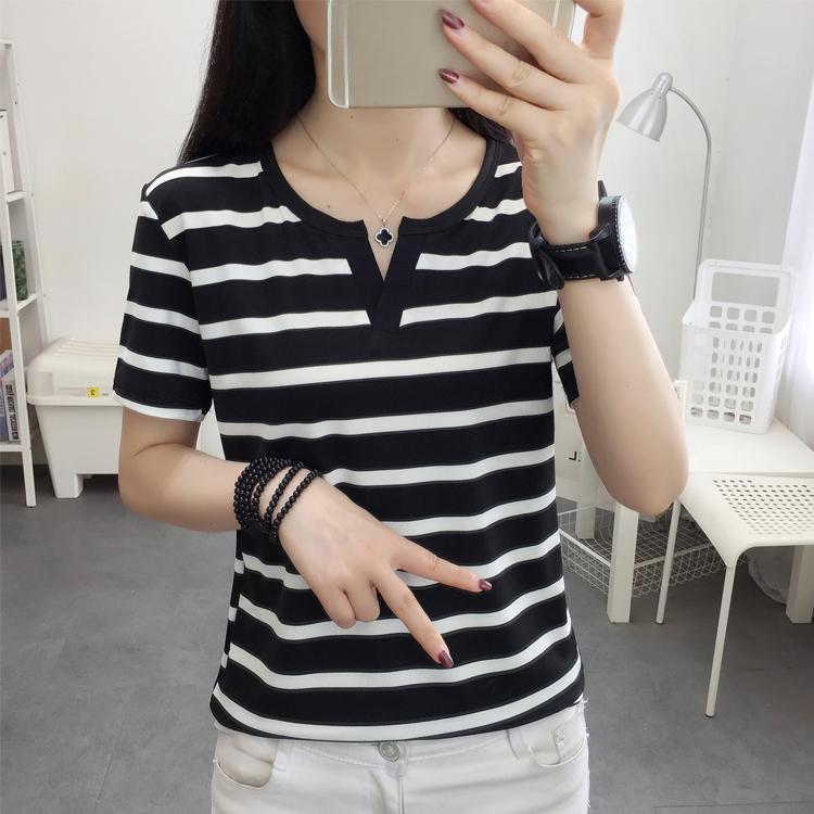 Harajuku Women Summer White T-shirt Girl Casual Slim Stripe Short Sleeve V Neck All-match T Shirts Y2k Tops For Female Clothing