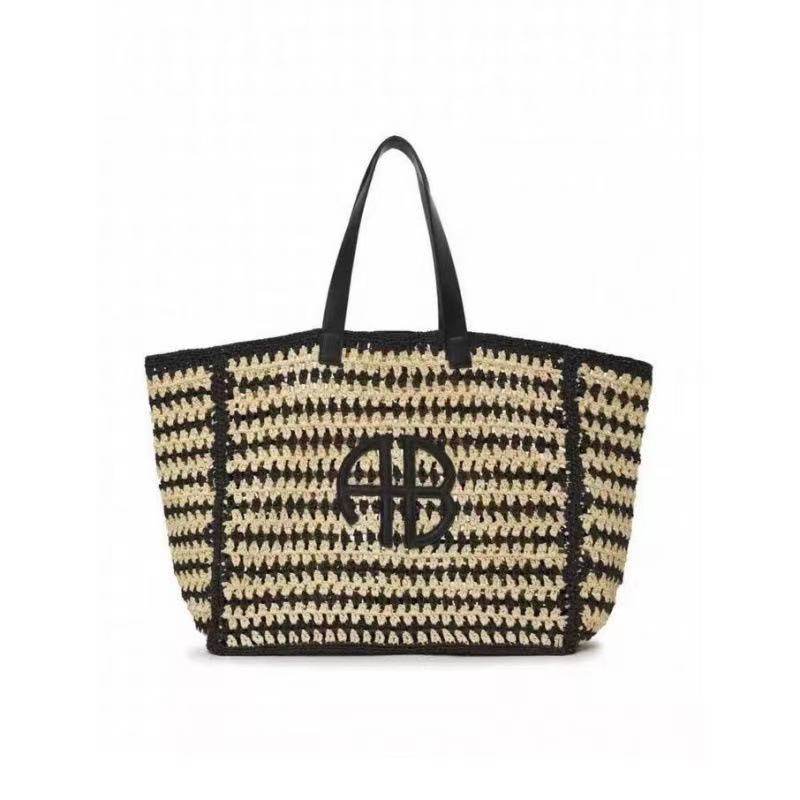 Borsa da spiaggia in paglia intrecciata con lettere AB, grande capacità, per vacanze al mare, da donna, a righe, stile semplice RIO City, borsa a mano casual da viaggio