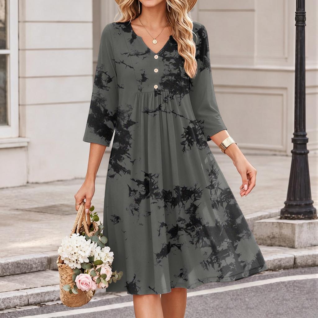 Women's Floral Print V-Neck Casual 3/4 Sleeve Dress
