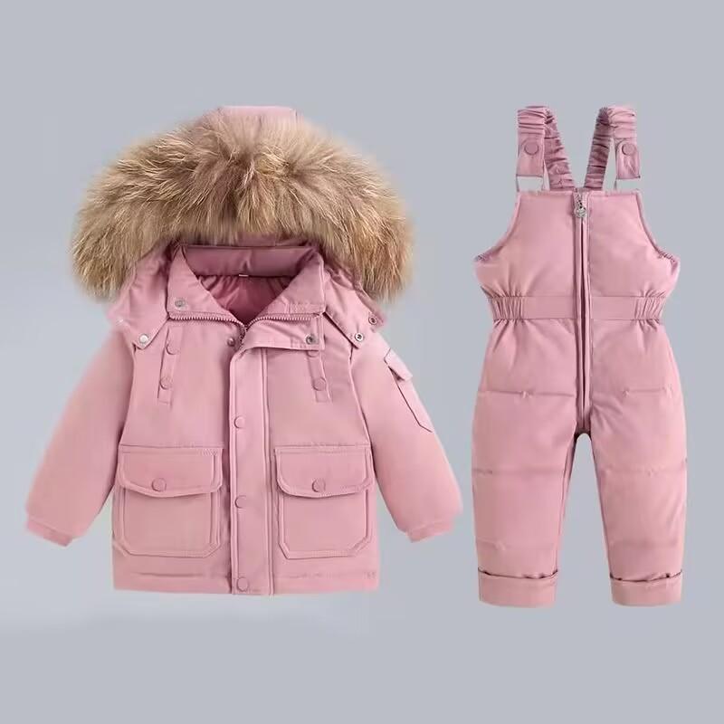 Two Pcs Set Children Winter Down Jacket Jumpsuit Baby Thicken Jacket Girls Coat Warm Real Fur Collar Boys Snowsuit Fashion