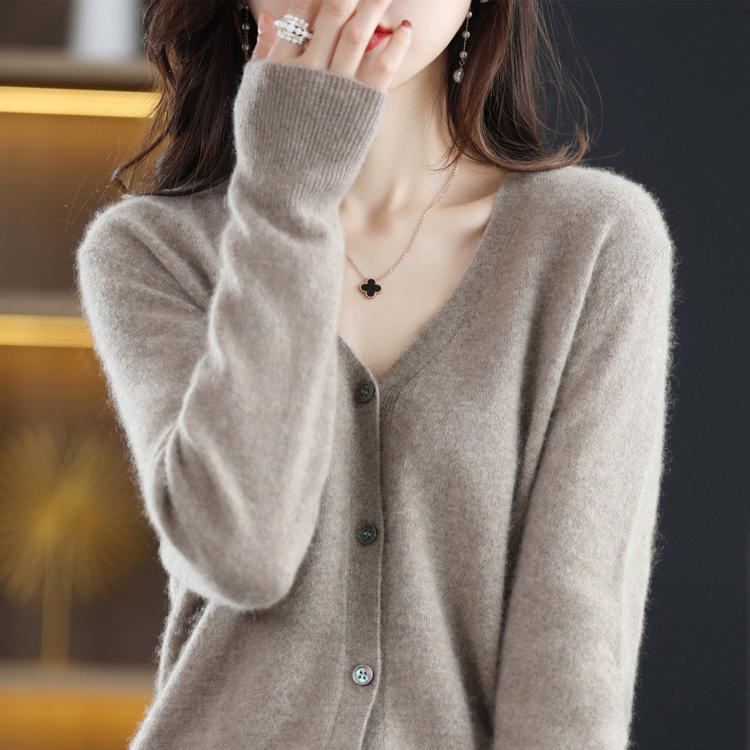 Palton cardigan tricotat din lână, cu decolteu în V, de toamnă și iarnă, de culoare solidă