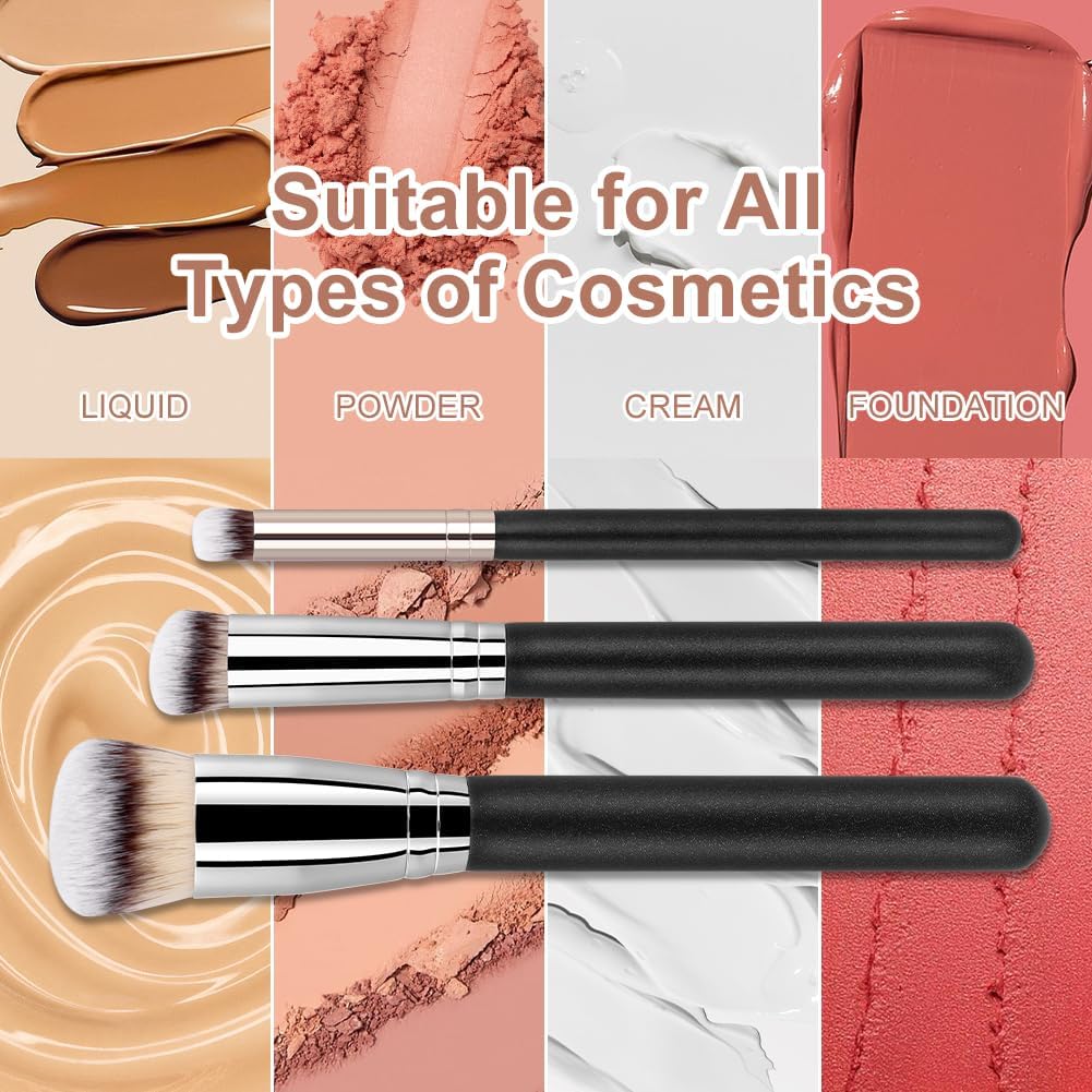 Professional Foundation Brush Set, 3 Piece Makeup Brushes with Synthetic Fibers, Black Handle with Silver Ferrule, Flat Top for Liquid and Cream