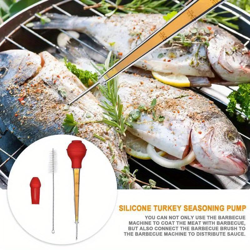 1 Set Multipurpose Turkey Baster with Detachable Needles, Silicone Brush Head, and Cleaning Brush