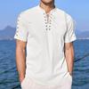 Men's Beach Shirt Short Sleeve Lace Up Hippie T-shirt Cotton Linen Bandage V-neck Pirate Shirts