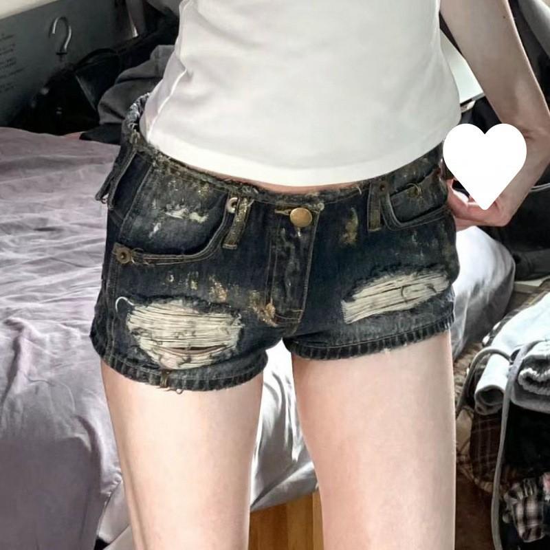 Low Rise Distressed Denim Shorts Women - Slim Fit High Stretch Ripped Mini Jeans Short Pants
