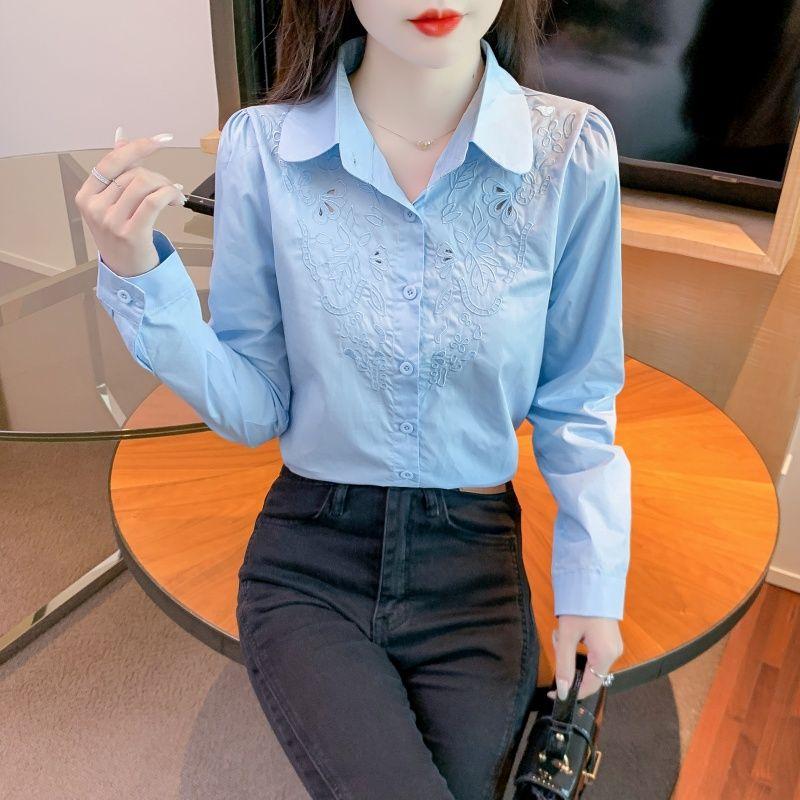 

Весна Осень Новая Женская Мода Поло Воротник Элегантная Хлопковая Рубашка Длинный Рукав Трендовый Вышитый Топ 2XL синий