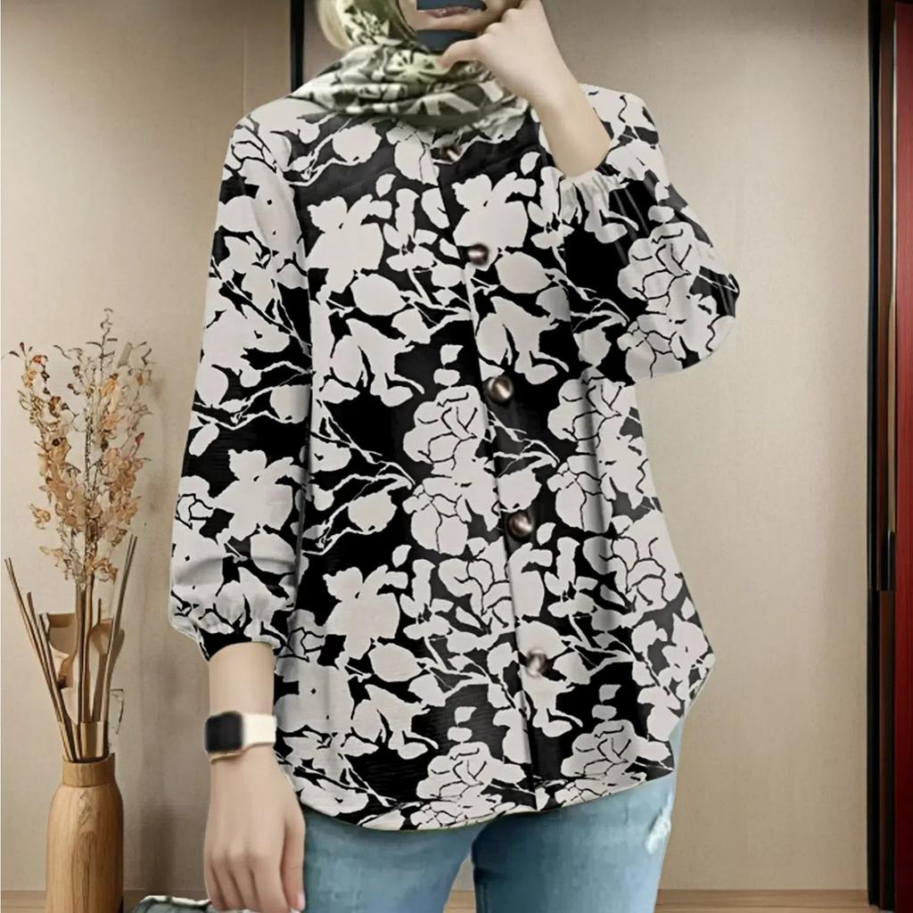 GMXIA Plus Size Dame Løs Mote Kunst Bobleermet Trykt Langermet Knappedunskjorte