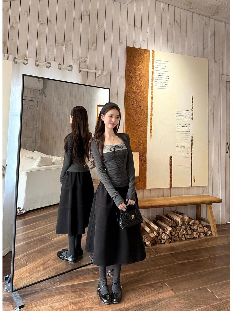 Korean Style Striped Spliced Two-Piece: Women's Winter Cotton T-Shirt & Black Woollen Midi Skirt Set