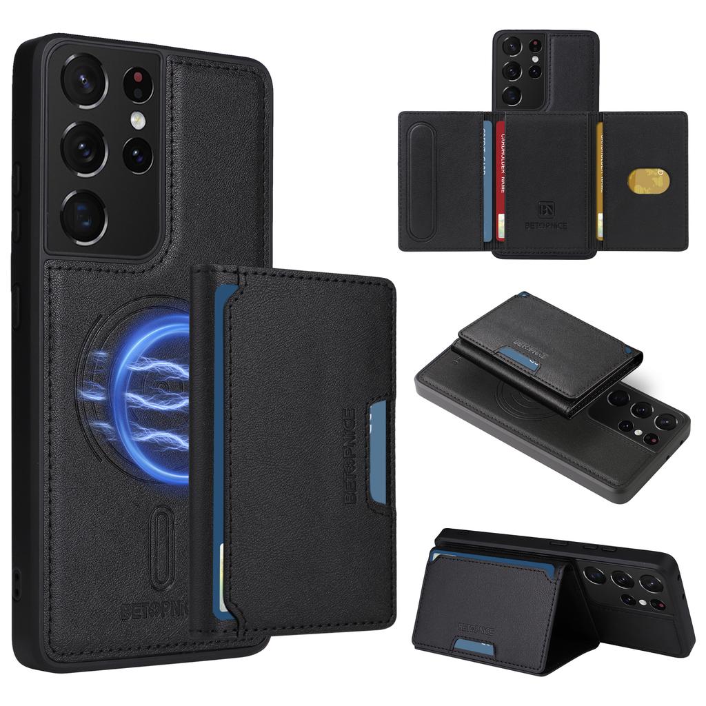 For Samsung Galaxy S21 Ultra 5G Magnetic Case BETOPNICE Leather Phone Cover Kickstand with Detachable Card Bag