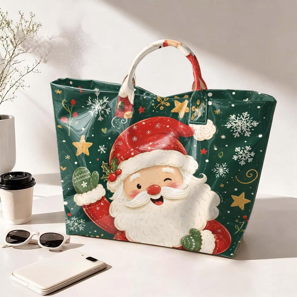 Christmas Santa Claus Print Tote Bag, Green Snowflake Star Pattern Handbag Shopping Shoulder Bag