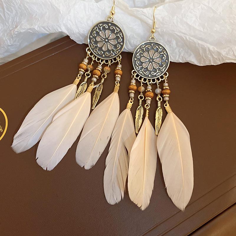 Bohemian Ethnic Style Feathers Fringed Earrings Ear Hooks Personalized Vacation Wind Ears