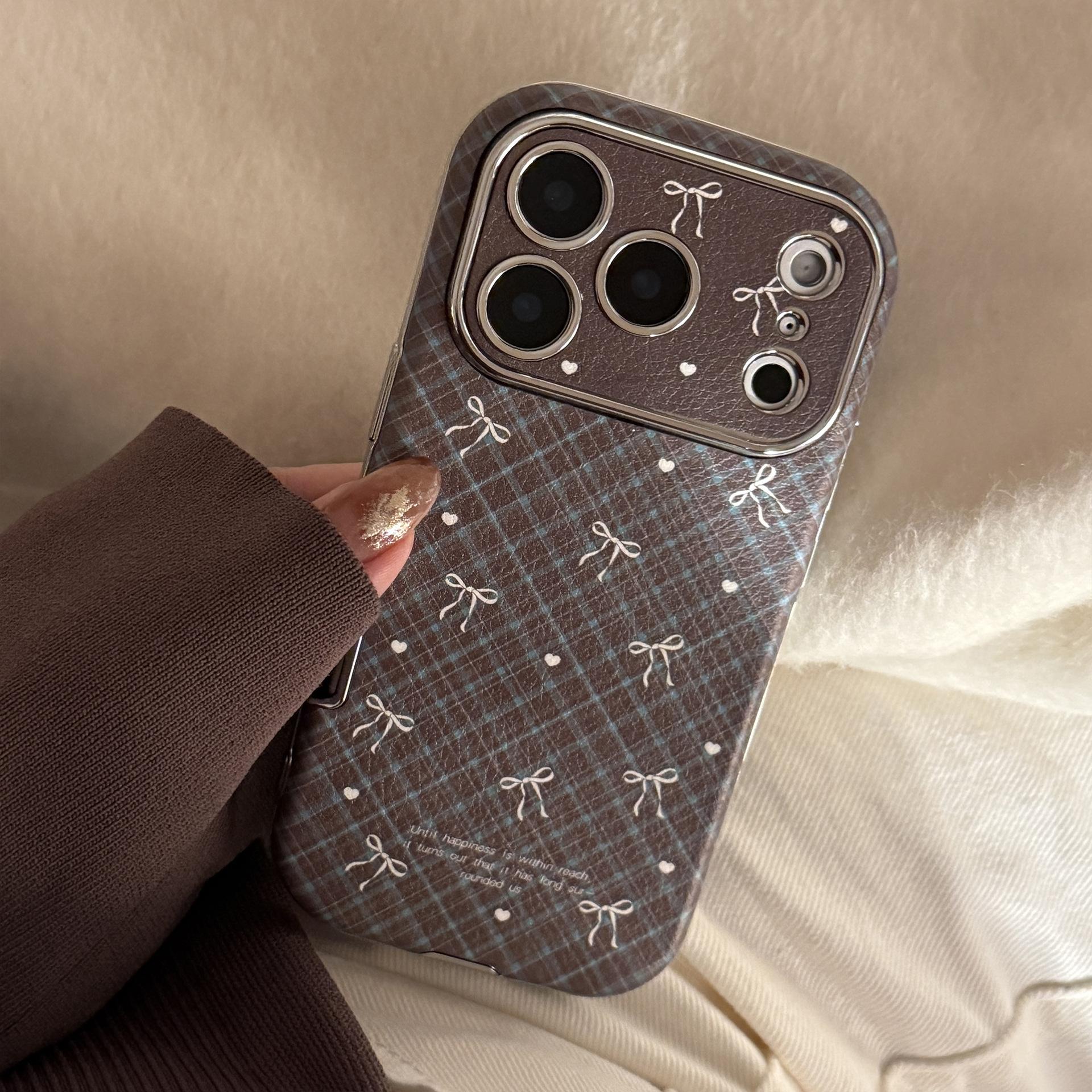 

For Apple 17promax Mobile Phone Case for IPhone16 Leather Plaid Bow 15 Retro 13 Soft 12 All Inclusive 11 6.1