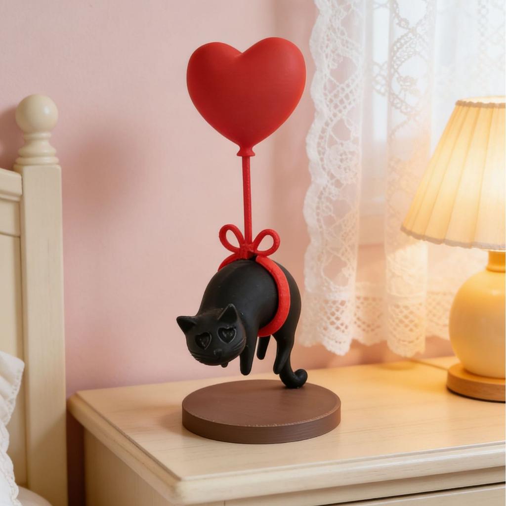 Creative Floating Black Cat Love Balloon Desktop Ornament, 3D Printed Healing Home Decoration, Valentine's Day Gift