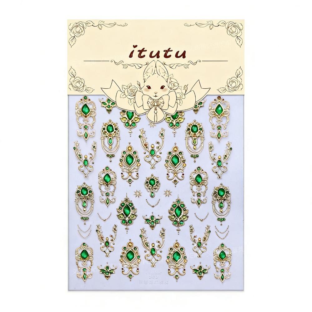 Luxurious Design 5D Nail Stickers Shiny Finish Gold Scepter Imitation Gemstone Nail Red Green Gemstone Emerald Ruby Color