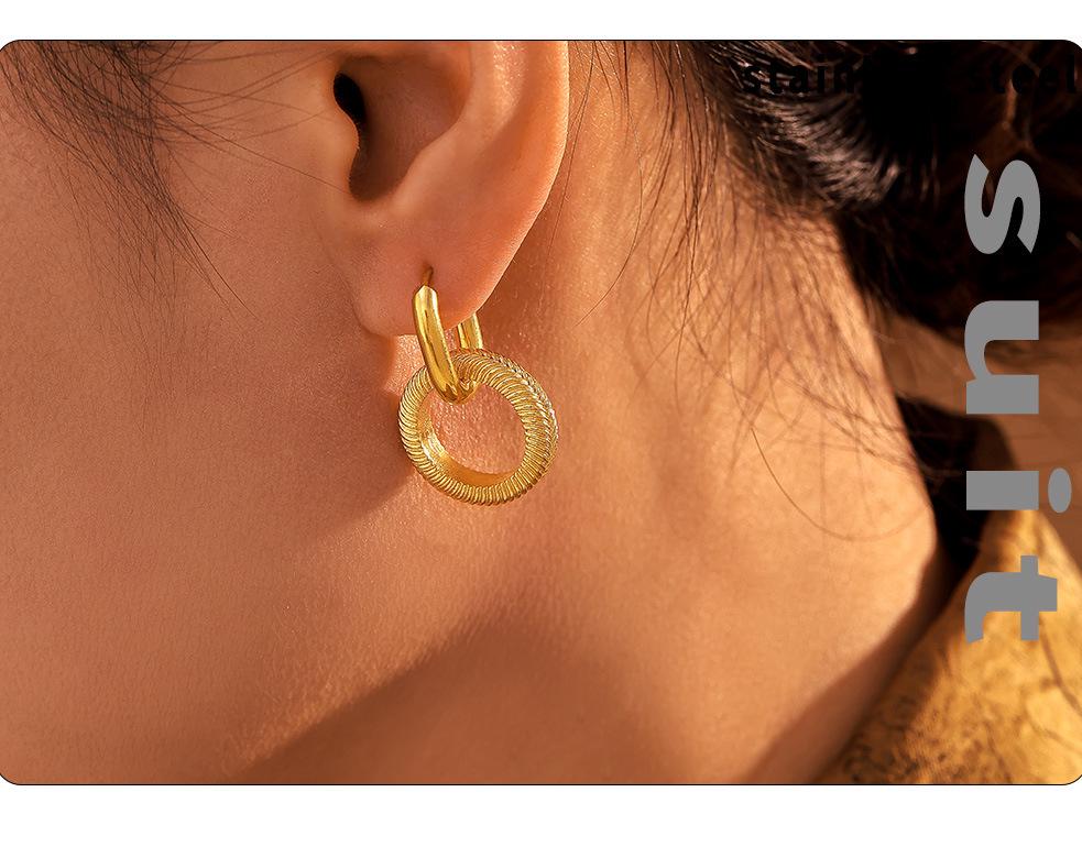 Qiong Yao Hypoallergenic Double Ring Threaded Stainless Steel Earrings with PVD Coating
