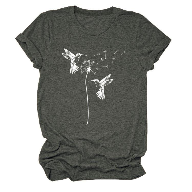 Sommer Rundhals Zwei Vogelmuster Druck Top Modische Lässige Kurzarm Damen T-Shirts