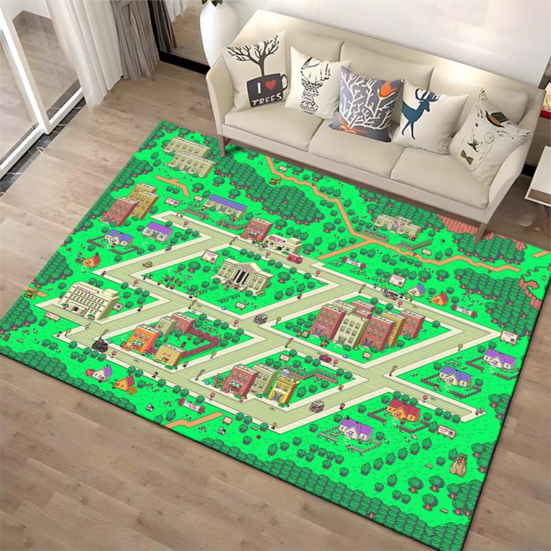 Colorful Pixel Art City Map Design Rug Non-slip rug suitable for living room and bedroom sofas.