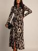 2026 Autumn/Winter Leopard Print Tie-up Midi Dress: Women's Slim Fit, Long Sleeve Fashionable Style