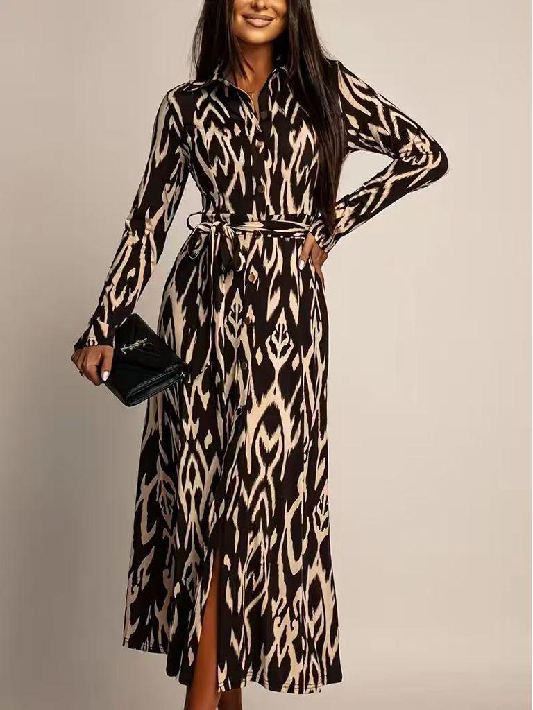2026 Autumn/Winter Leopard Print Tie-up Midi Dress: Women's Slim Fit, Long Sleeve Fashionable Style