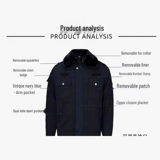 Zimowy mundur służbowy ochrony: Pogrubiony Zestaw Bawełnianej Kurtki i Płaszcza na Ciepło i Ochronę przed Zimnem.