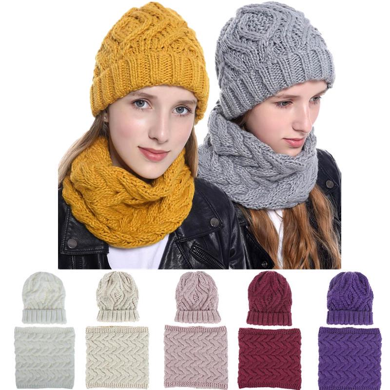Buy 2pcs Women Knitted Hat Scarf Set Winter Thermal Wool Slouchy Beanie ...