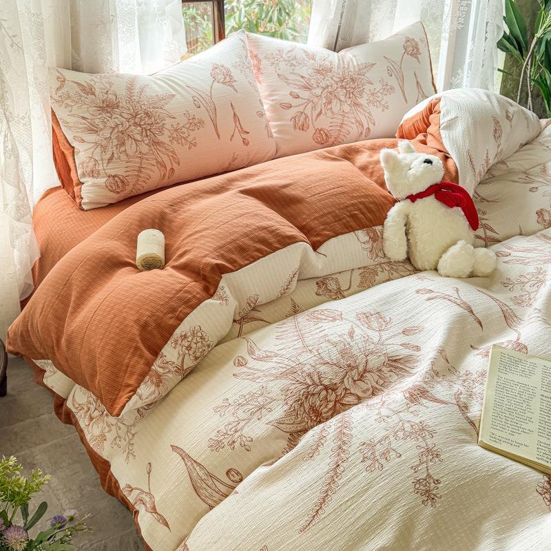 Class A Bamboo Cotton Double Layer Soft Four-Piece Floral Gauze Set for Mothers & Babies - Includes Student Dormitory Three-Piece Set