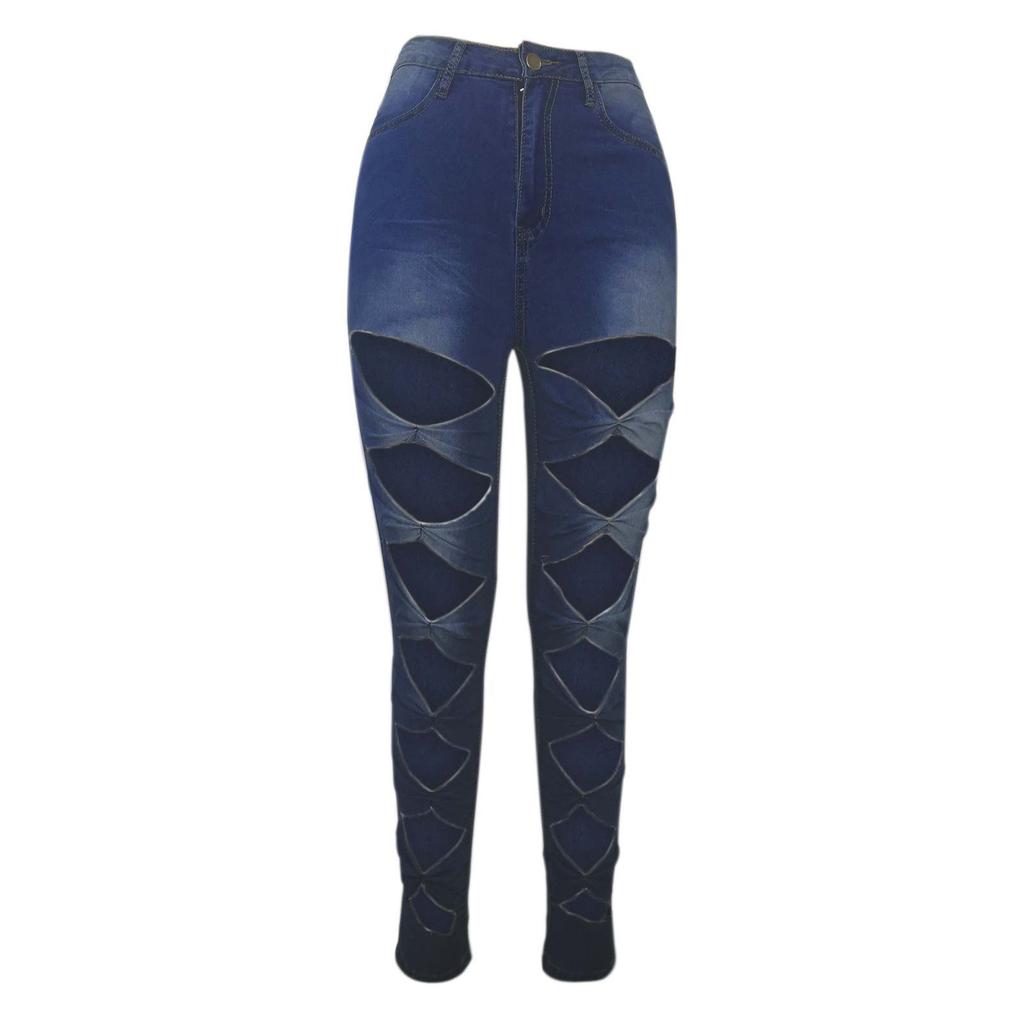 Fashion Women Solid Button High Waist Pocket Jeans Trousers Hole Denim Pants