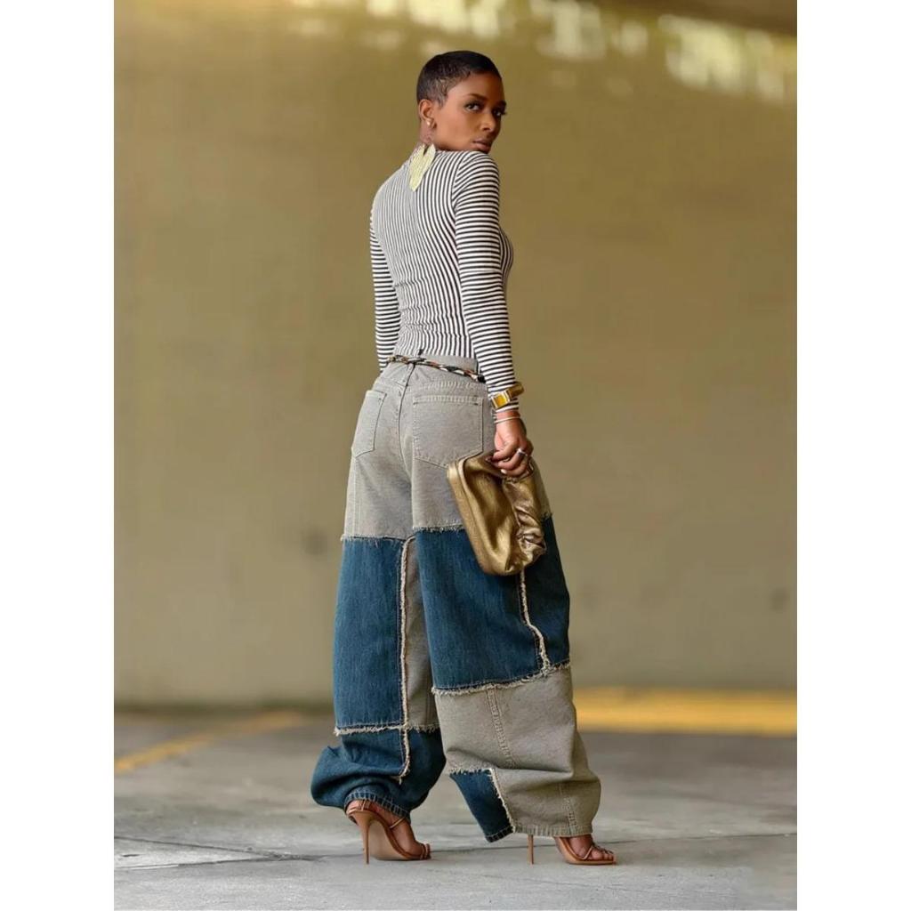 VIONA European Style Two-color Splicing Contrasting Curved Edge with Waist Belt Denim Jeans for Women