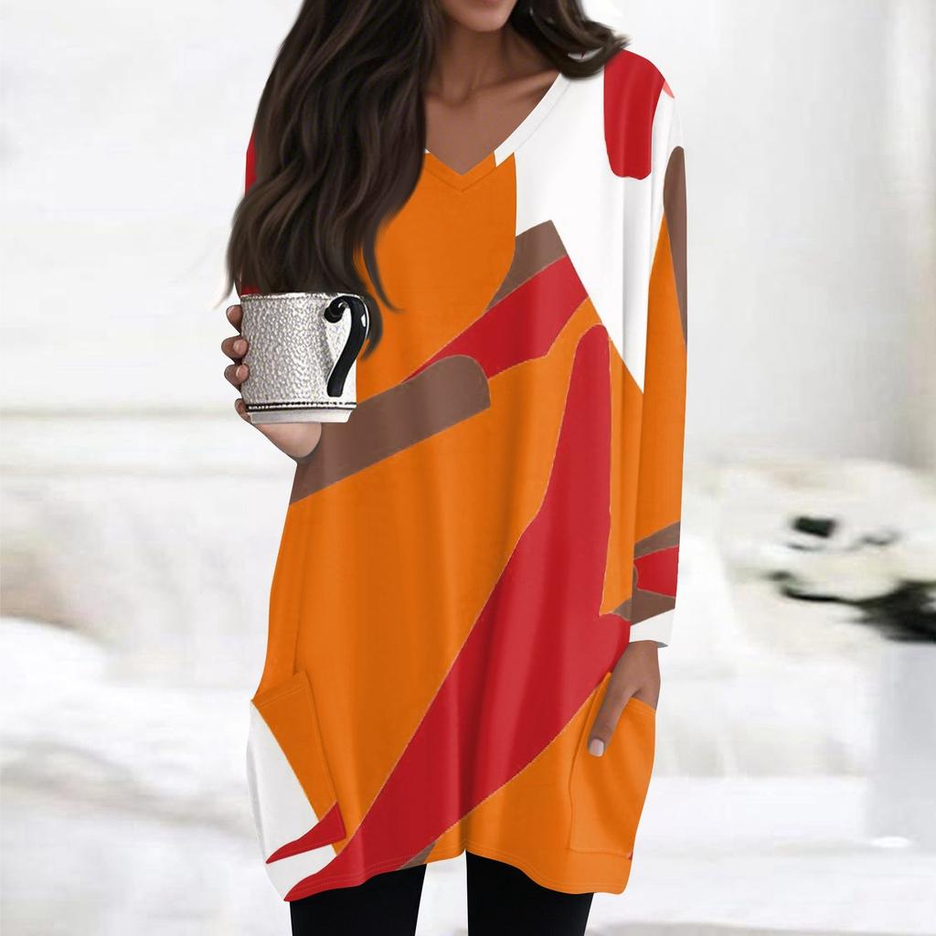 Womens Tops V-neck Long Sleeve Blouses Casual Mid-length Shirts Fashion Print Tunic Tops With Pockets