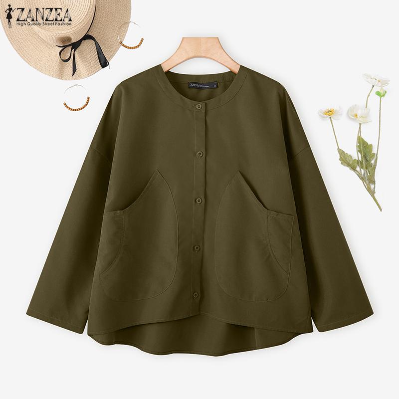 ZANZEA Women Casual Round Neck Loose Long Sleeve Solid Blouse