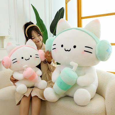 Holding Milk Tea Earphones Cat Plush Toy Cartoon Doll Bedside Sleeping Throw Pillow Girl Gift Doll