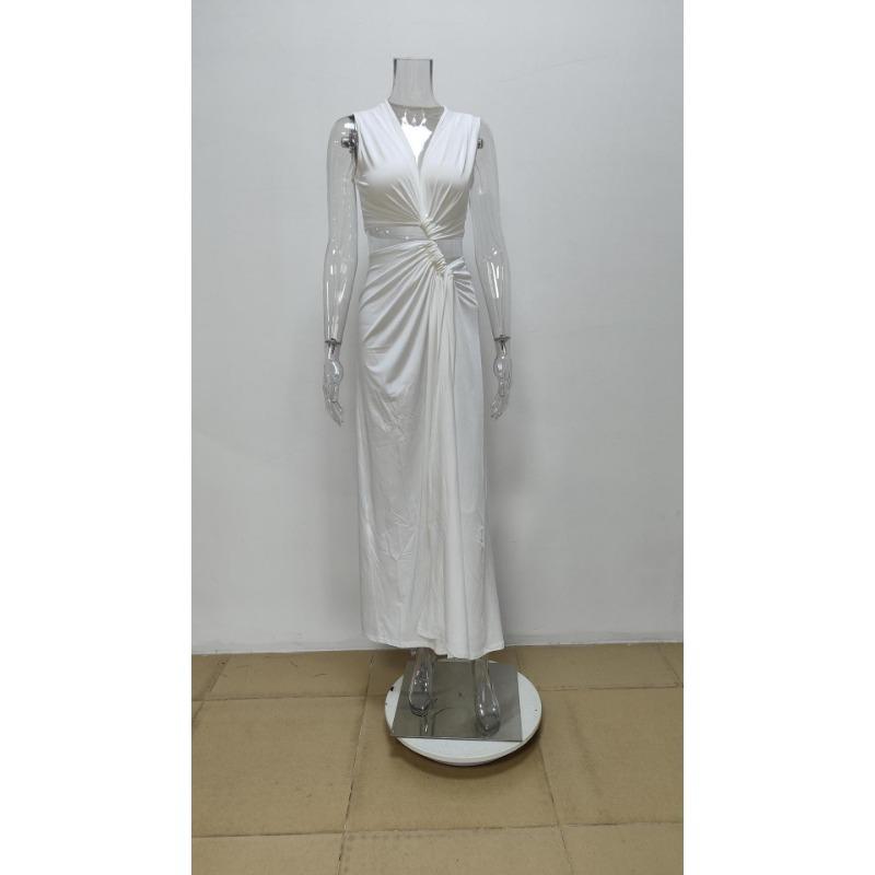 Women Sexy Hollow Out Slit Irregular V Neck Sleeveless Long Dress