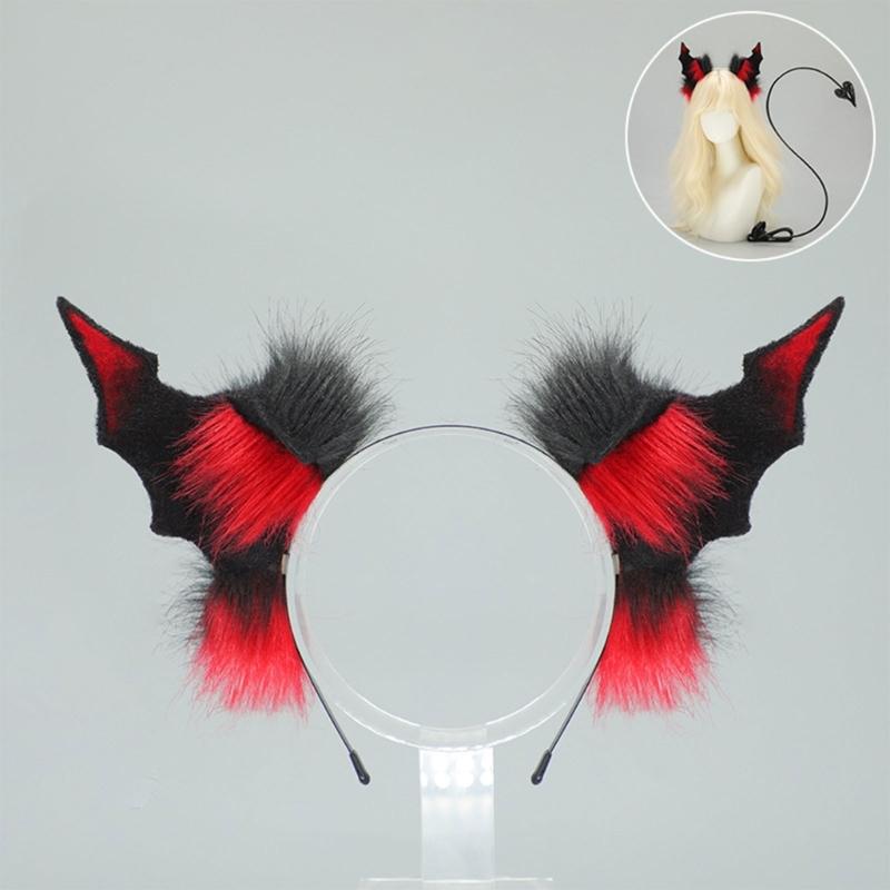 1Pc Faux Furs Bat Ears Headband Hairband Devil Tail Demons Costume Accessories for Carnival Halloween Cosplay Party Props