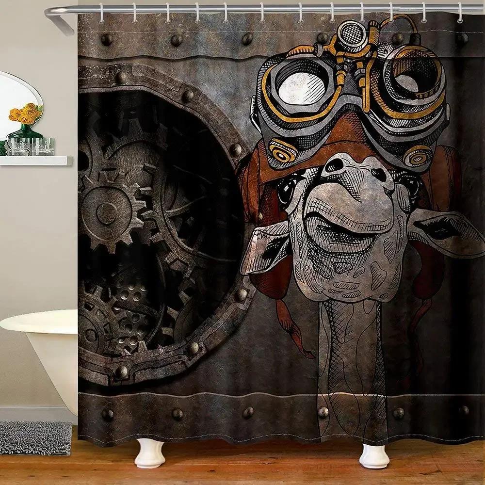 Retro Steampunk Clocks and Gears Shower Curtain Mechanical Clocks Details Over Old Metal Cloth Fabric Bathroom Curtain Set,hooks
