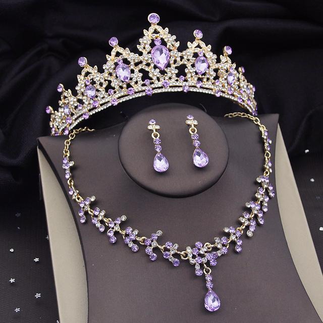 Luxus Silber Farben Veilchen Kristall Braut Schmuck Sets für Frauen Gold Farbe Tiaras Krone Braut Halskette Ohrringe Hochzeit Sets