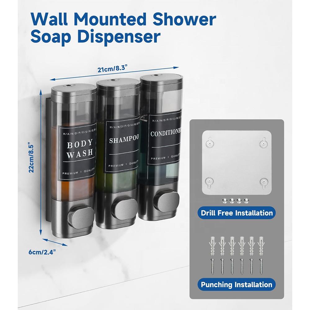 Large Capacity Dark Gray 3-Chamber Wall-Mounted Shampoo Conditioner Dispenser Shower Soap Dispenser for Bathroom Hotel No Drill